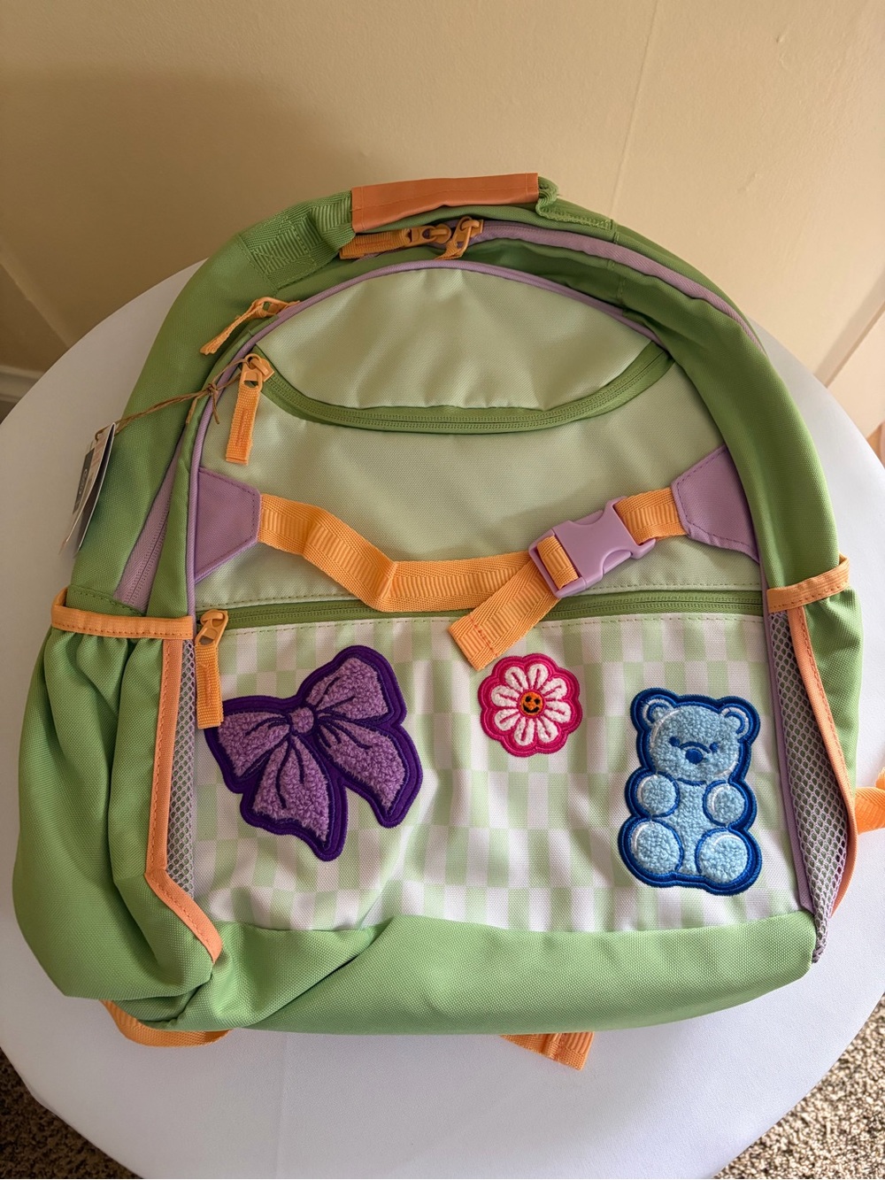 Kids Light Green Backpack with Purple, Orange & Pink Accents